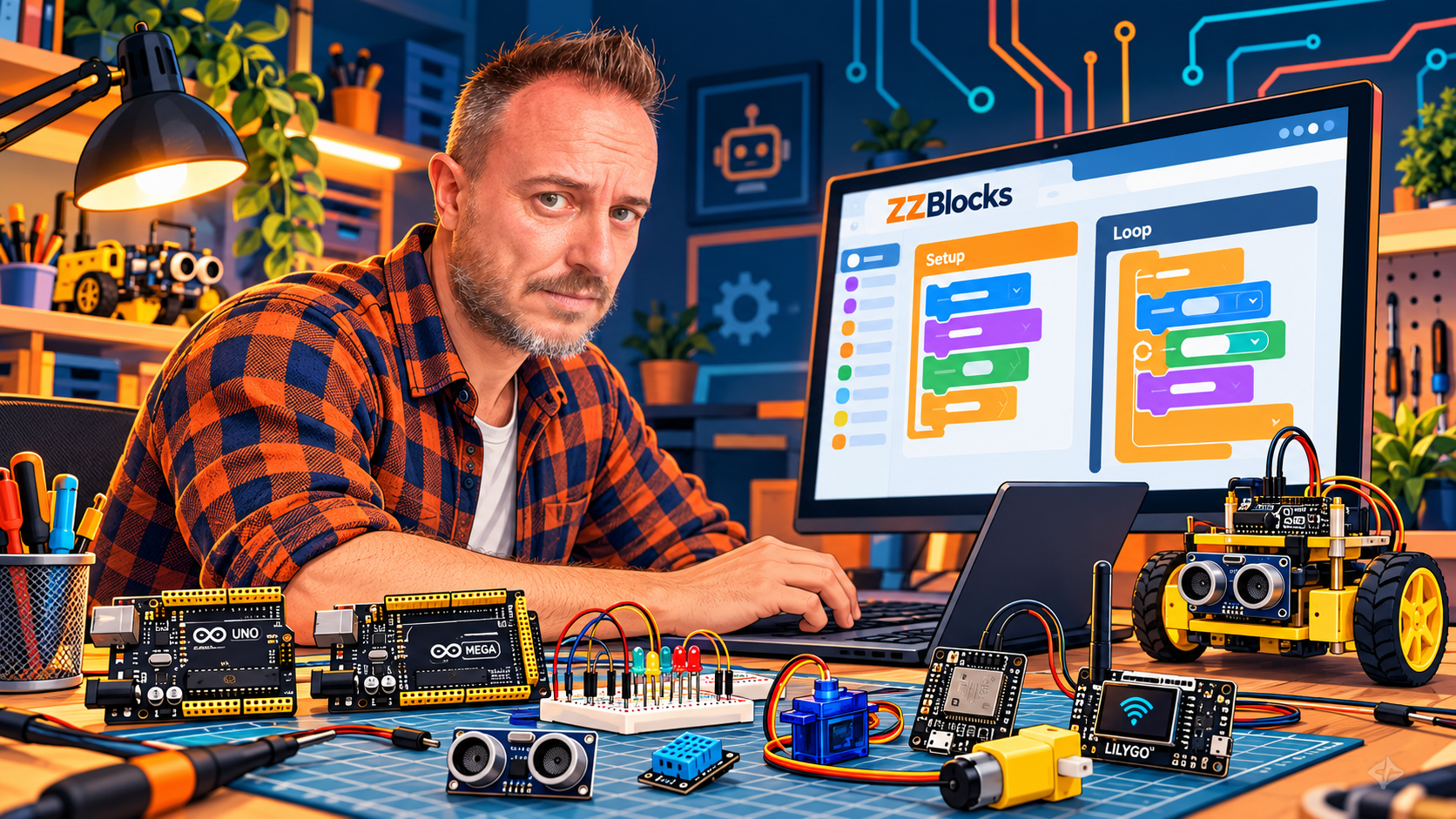 Davide Zizioli al lavoro con ZZBlocks, circondato da schede Arduino ed ESP32, sensori e robot